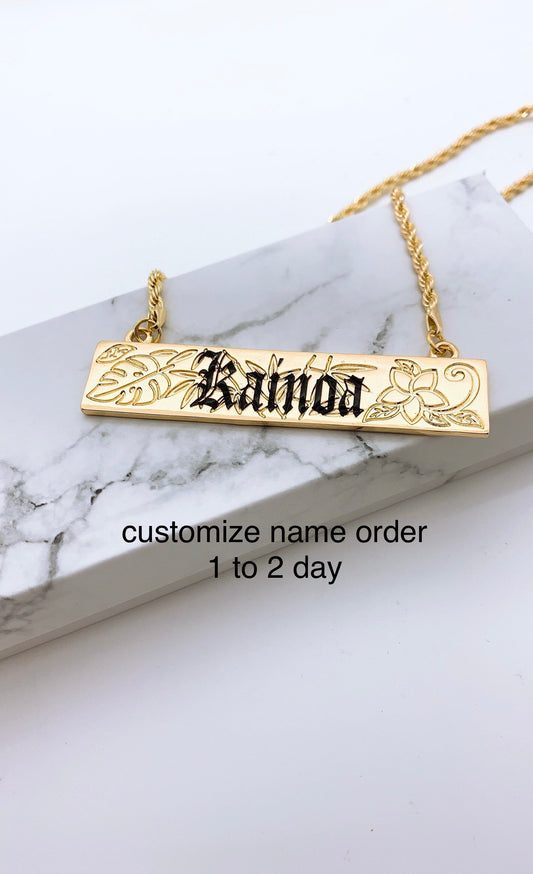 15mm 3D Hawaiian Jewelry Bamboo Monstera Plumeria Personalized Customize Name Plate Necklace w/ Rope Chain with 3in Extension Hamilton Gold