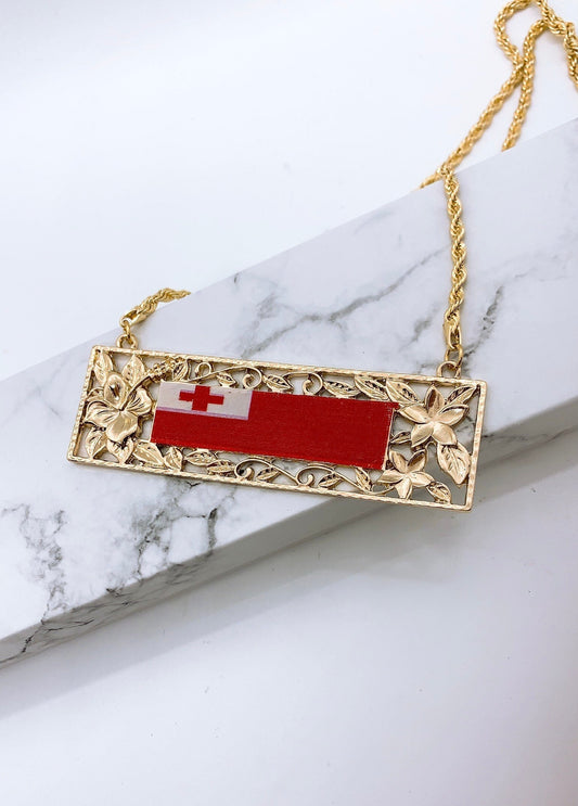 Tongan Flag with Hibiscus and Plumeria Design Plate Necklace : Hamilton Gold