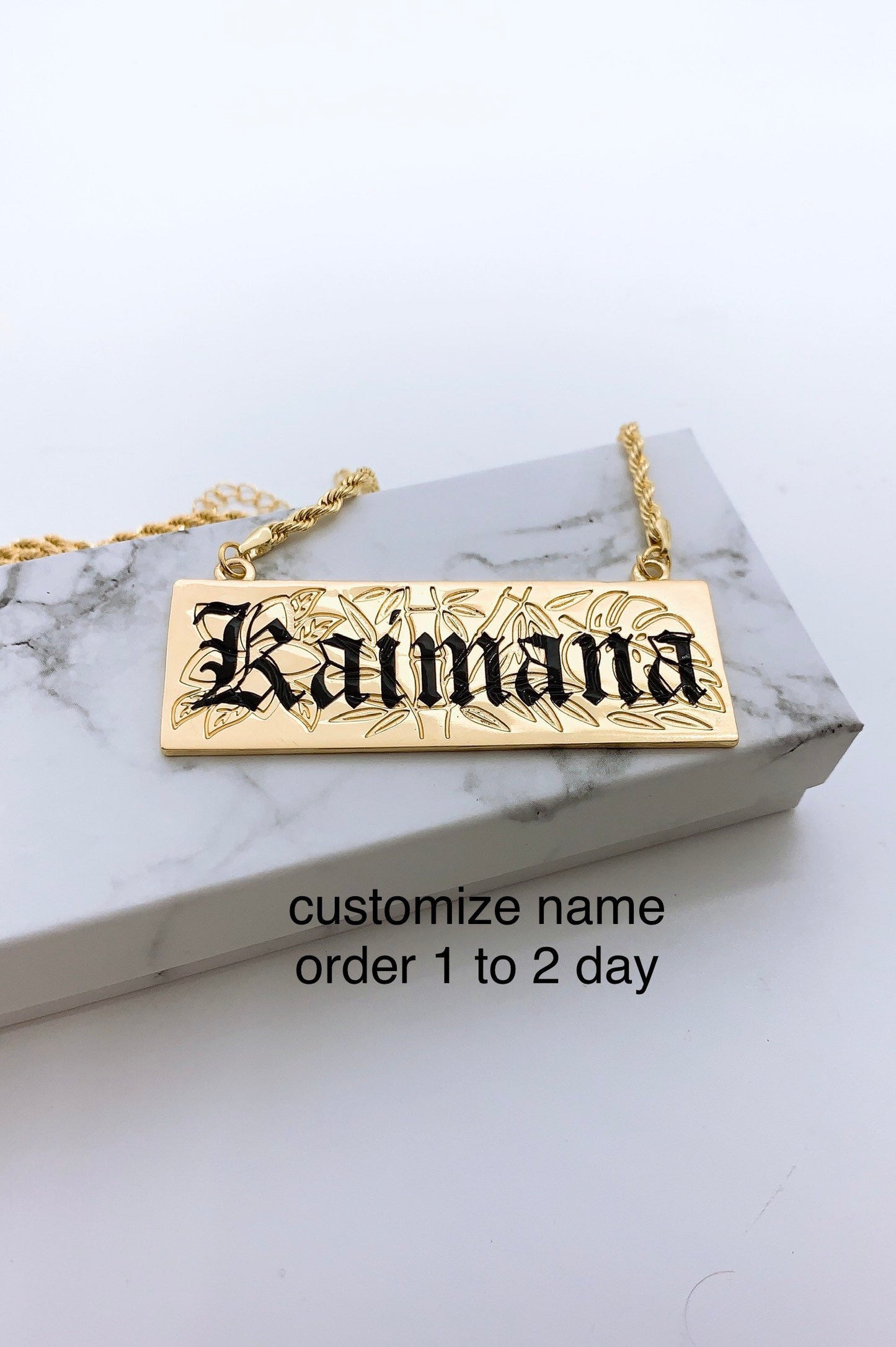 25mm  3D Hawaiian Jewelry Bamboo Monstera Plumeria Personalized Customize Name Plate Necklace w/ Rope Chain with 3in Extension Hamilton Gold