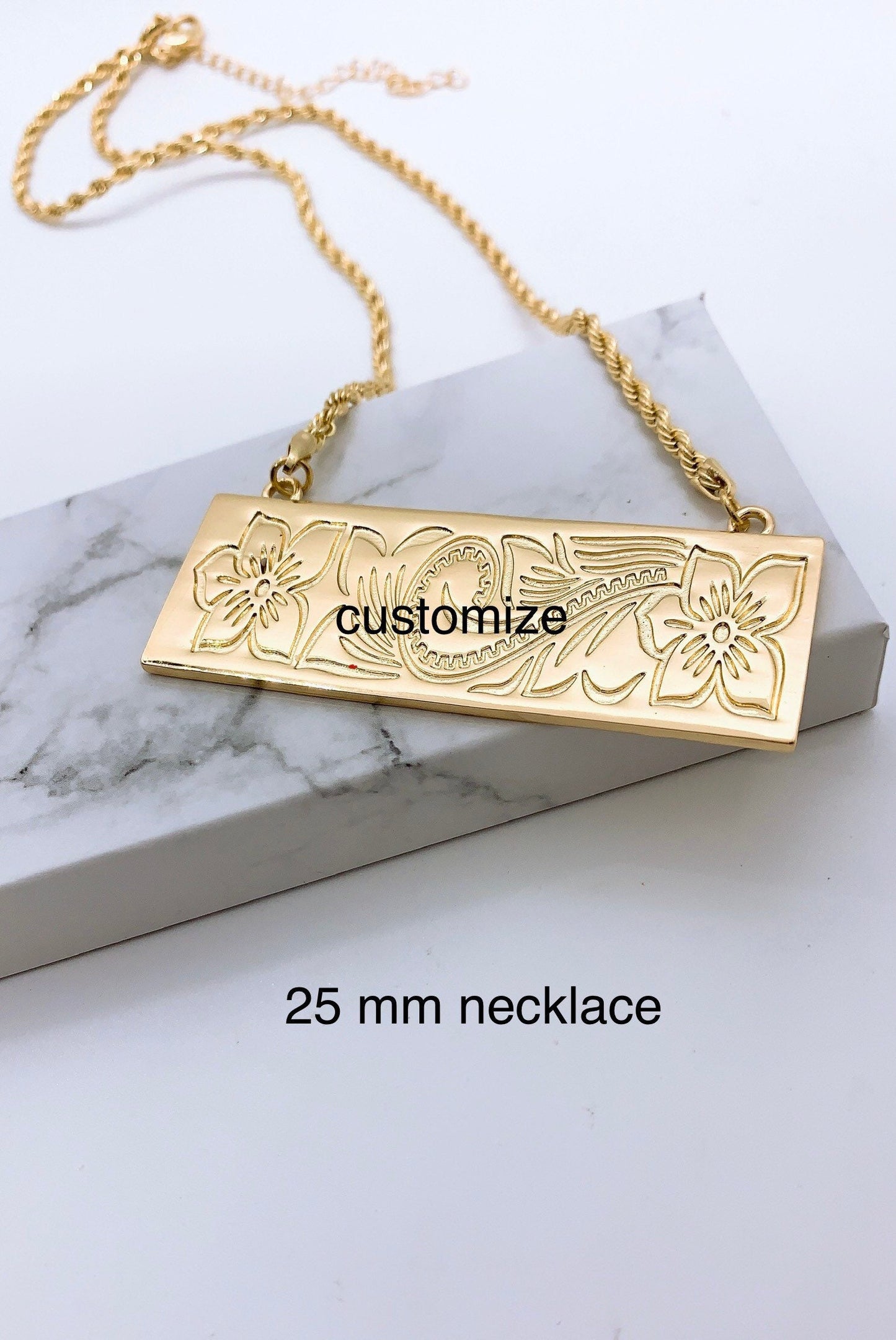 25mm Hawaiian Jewelry Flower Background Personalized Customize Name Plate Necklace Rope Chain with 3in extension Hamilton Gold