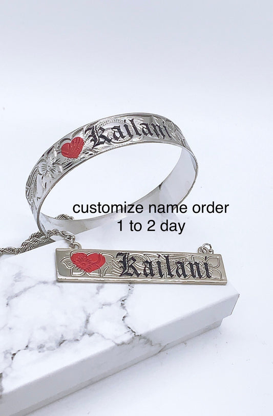 Customize Name 15MM Hawaiian Hamilton Silver Color Bangle and Necklace Set (rope chain 18in with 3 in Extension)