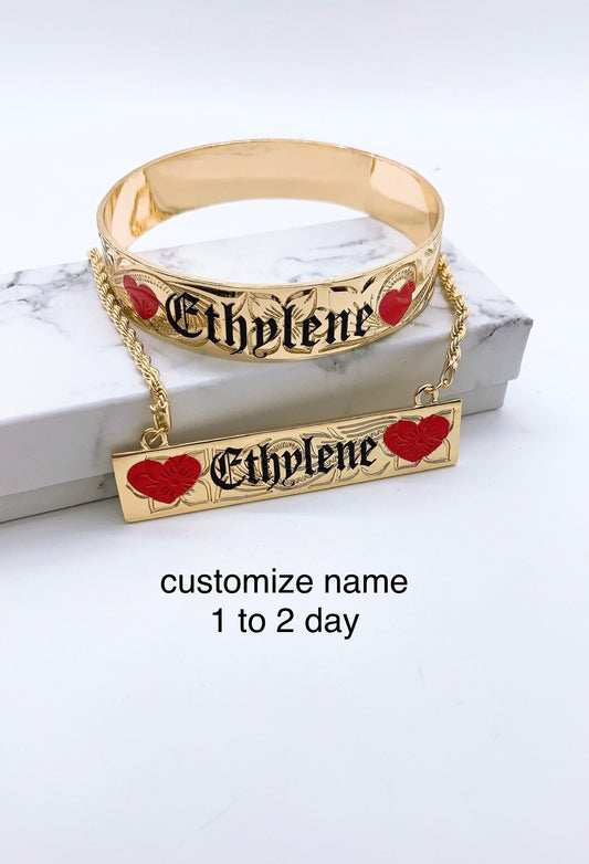 Customize Name 15MM Hawaiian Hamilton Gold Bangle and Necklace Set (18in Rope Chain with 3in Extension)