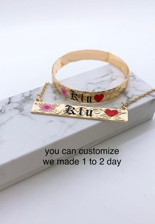 Customize Name with Pink Cherry Blossom Flower and Red Heart 10MM Hawaiian Hamilton Gold Bangle and Necklace Set