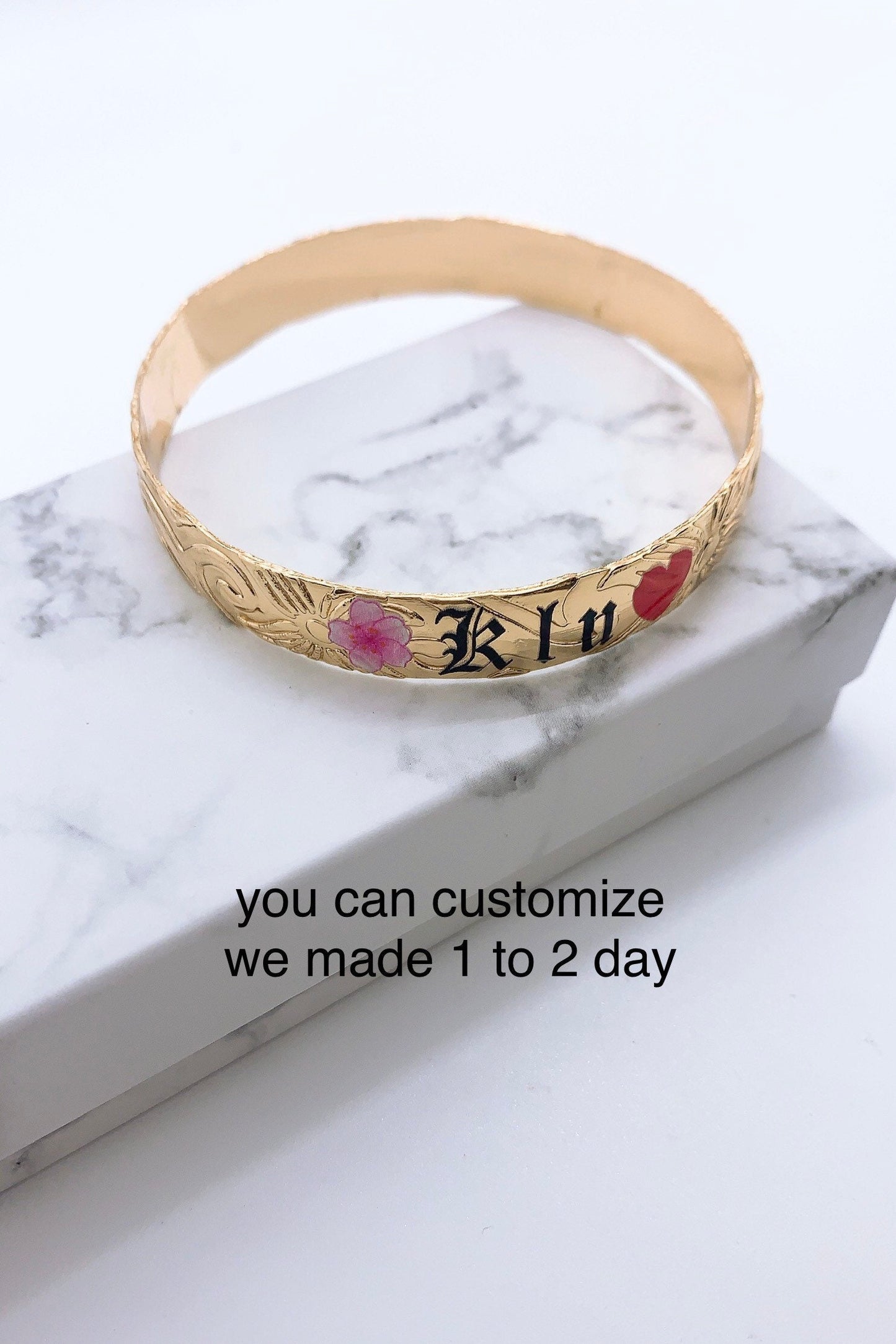 Customize Name with Pink Cherry Blossom Flower and Red Heart 10MM Hawaiian Hamilton Gold Bangle and Necklace Set