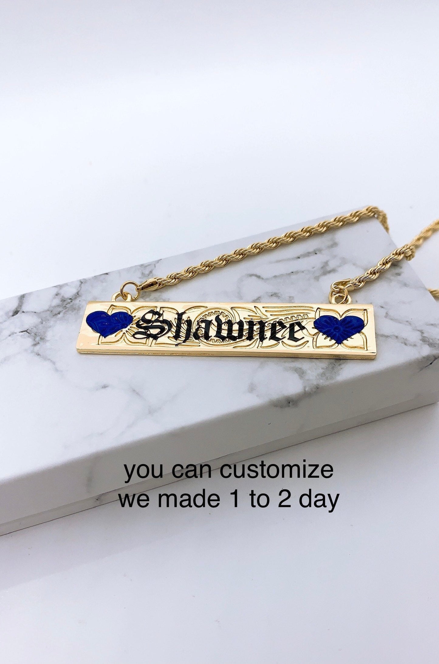 15mm Hawaiian Jewelry Flower Background Personalized Customize Name Plate Necklace with Rope Chain with 3in Extension: Hamilton Gold