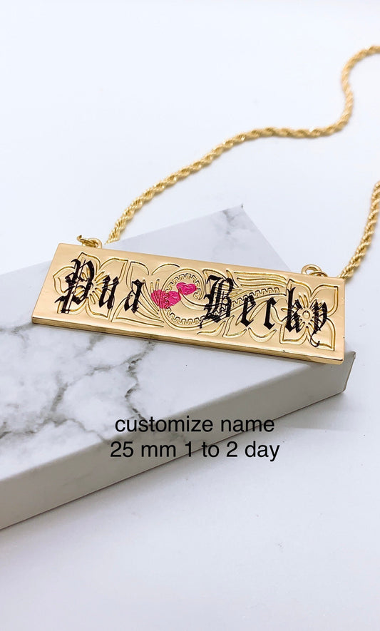 25mm Hawaiian Jewelry Flower Background Personalized Customize Name Plate Necklace Rope Chain with 3in extension Hamilton Gold