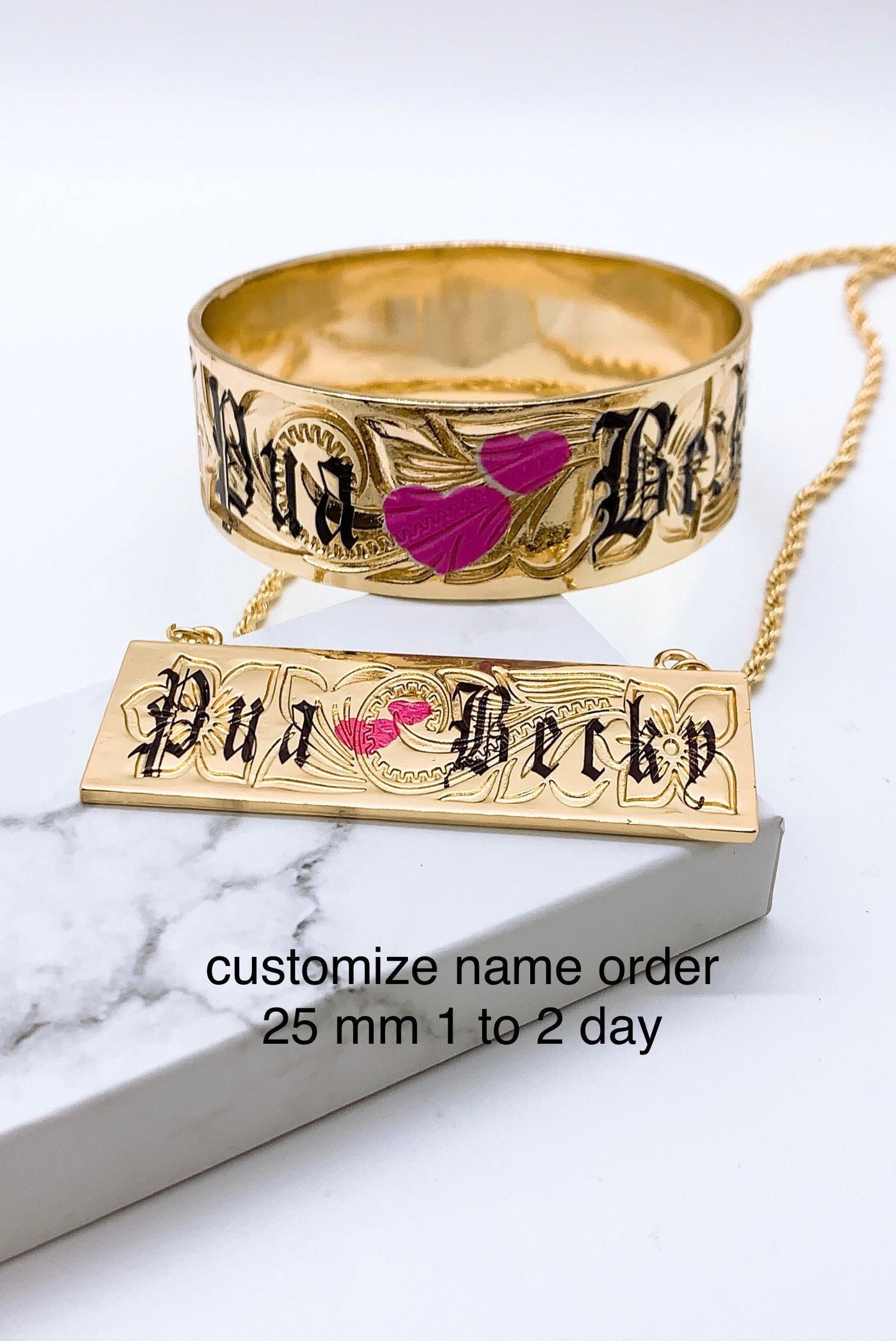 Customize Name 25mm Hawaiian Hamilton Gold Bangle and Necklace Set (18in Rope Chain with 3in Extension)