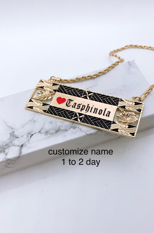 Hawaiian Jewelry Hibiscus and Monstera Leaf Personalized Customize Name Plate Necklace : Hamilton Gold with Shell Pearls