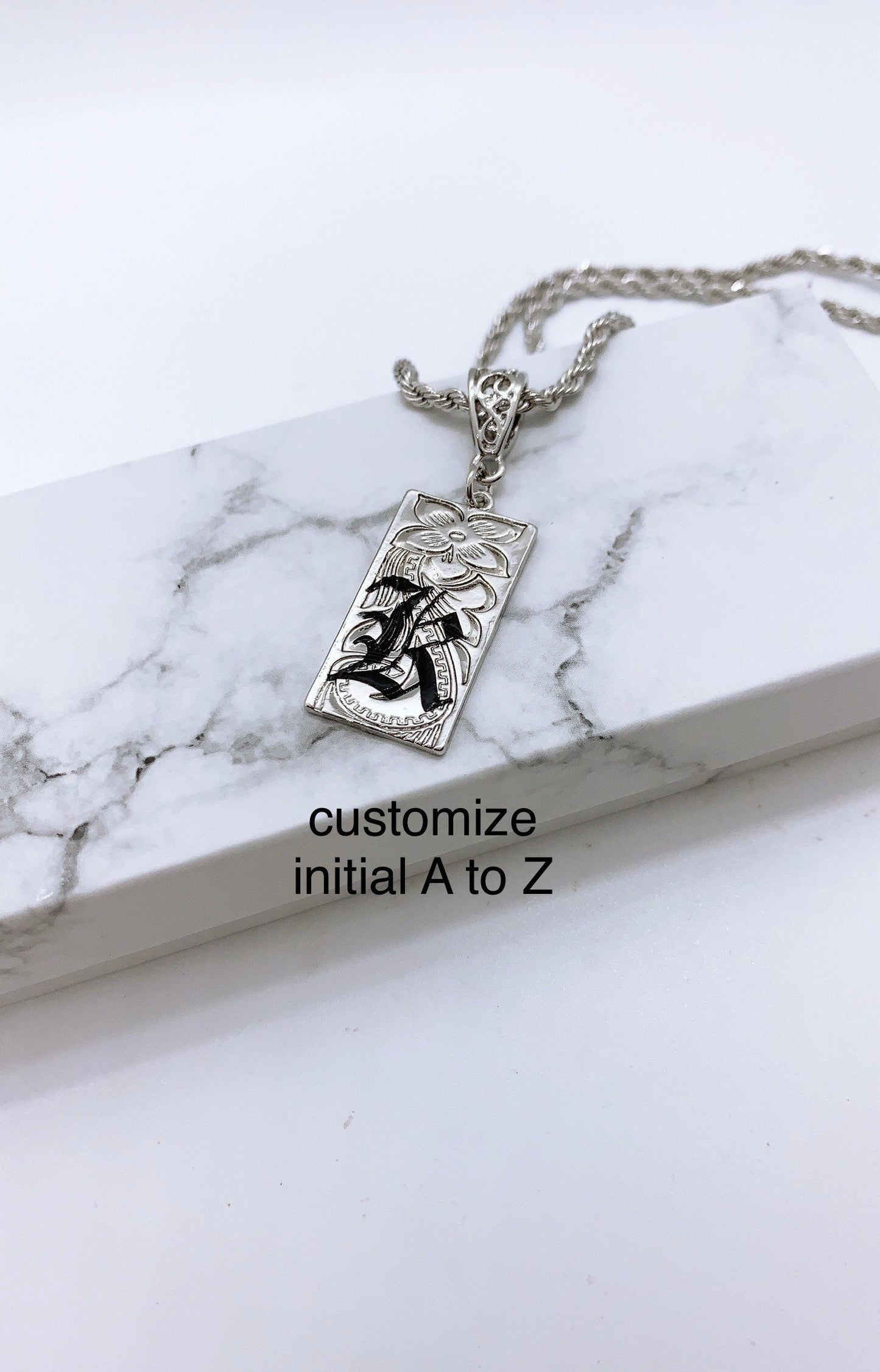 15mm Hawaiian Jewelry Background Personalized Customize Initial Plate Necklace : Hamilton silver color