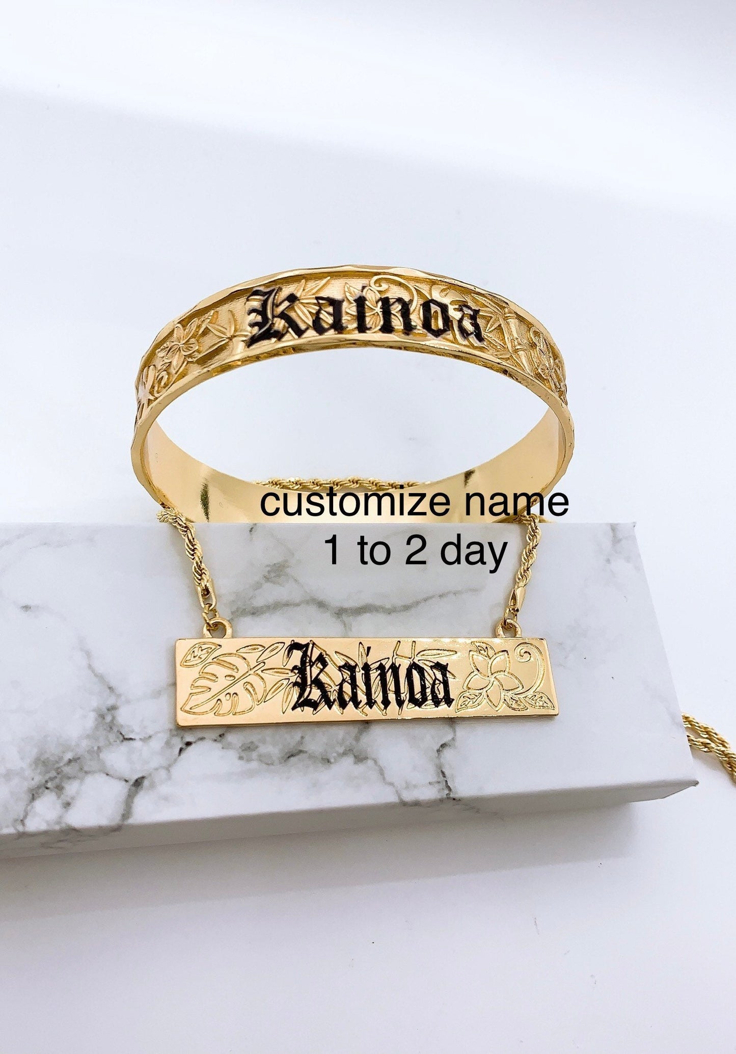 Customize Name 15MM 3D Hawaiian Bamboo Plumeria Hamilton Gold Bangle and Necklace Set (18in Rope Chain with 3in Extension)