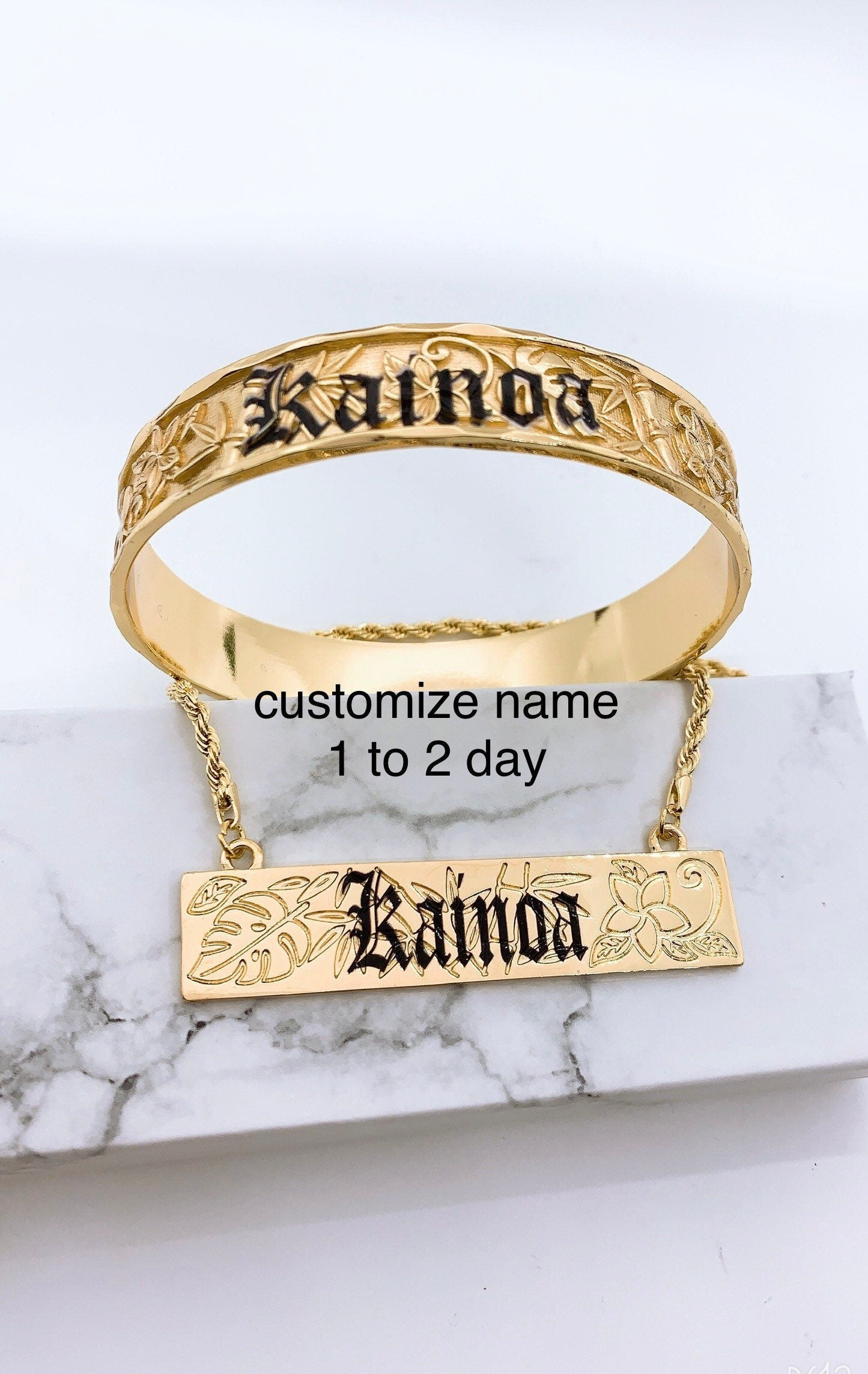 Customize Name 15MM 3D Hawaiian Bamboo Plumeria Hamilton Gold Bangle and Necklace Set (18in Rope Chain with 3in Extension)