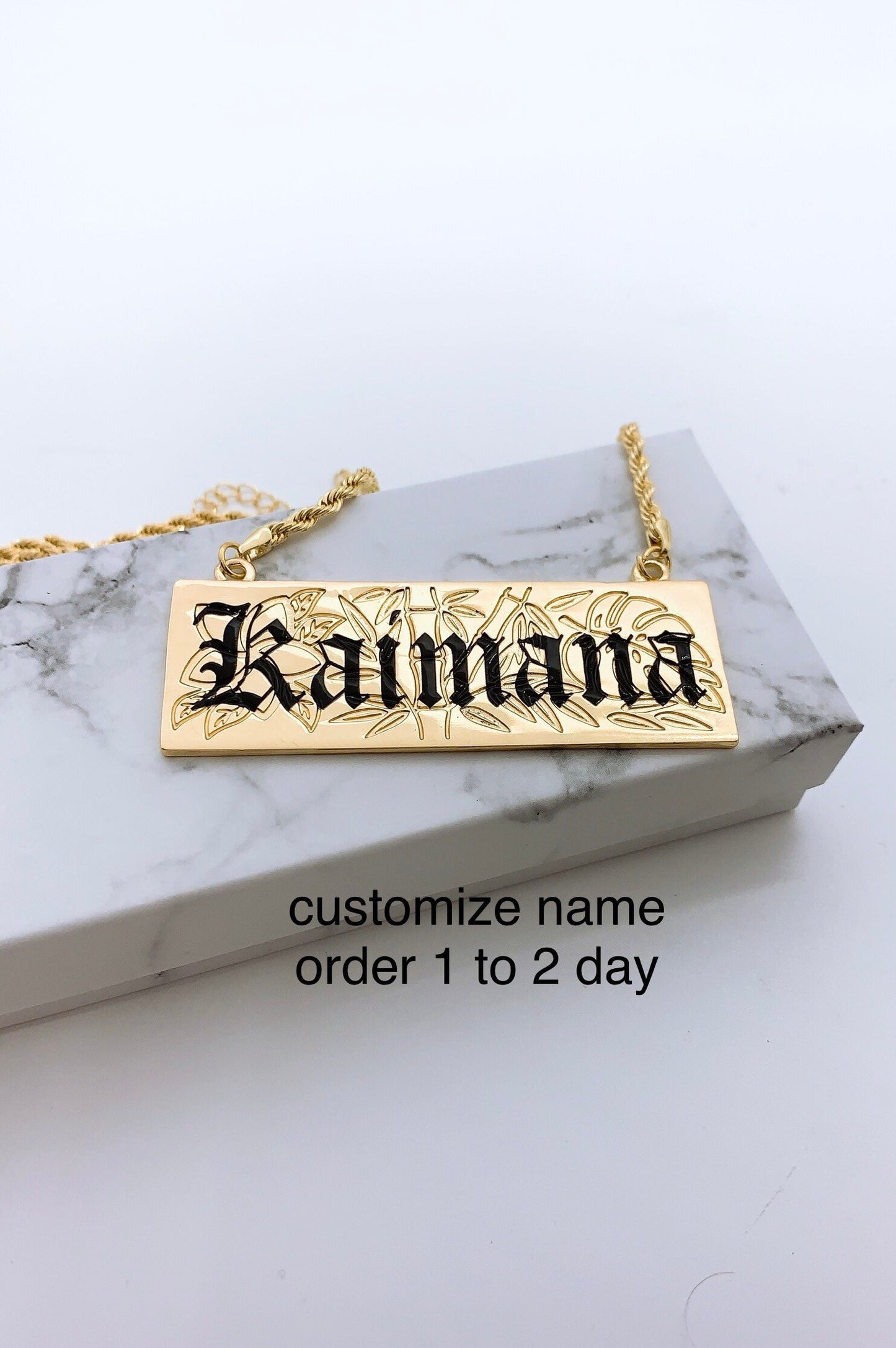 Customize Name 25mm 3D Hawaiian Bamboo Monstera Plumeria Hamilton Gold Bangle and Necklace Set (18in Rope Chain with 3in Extension)