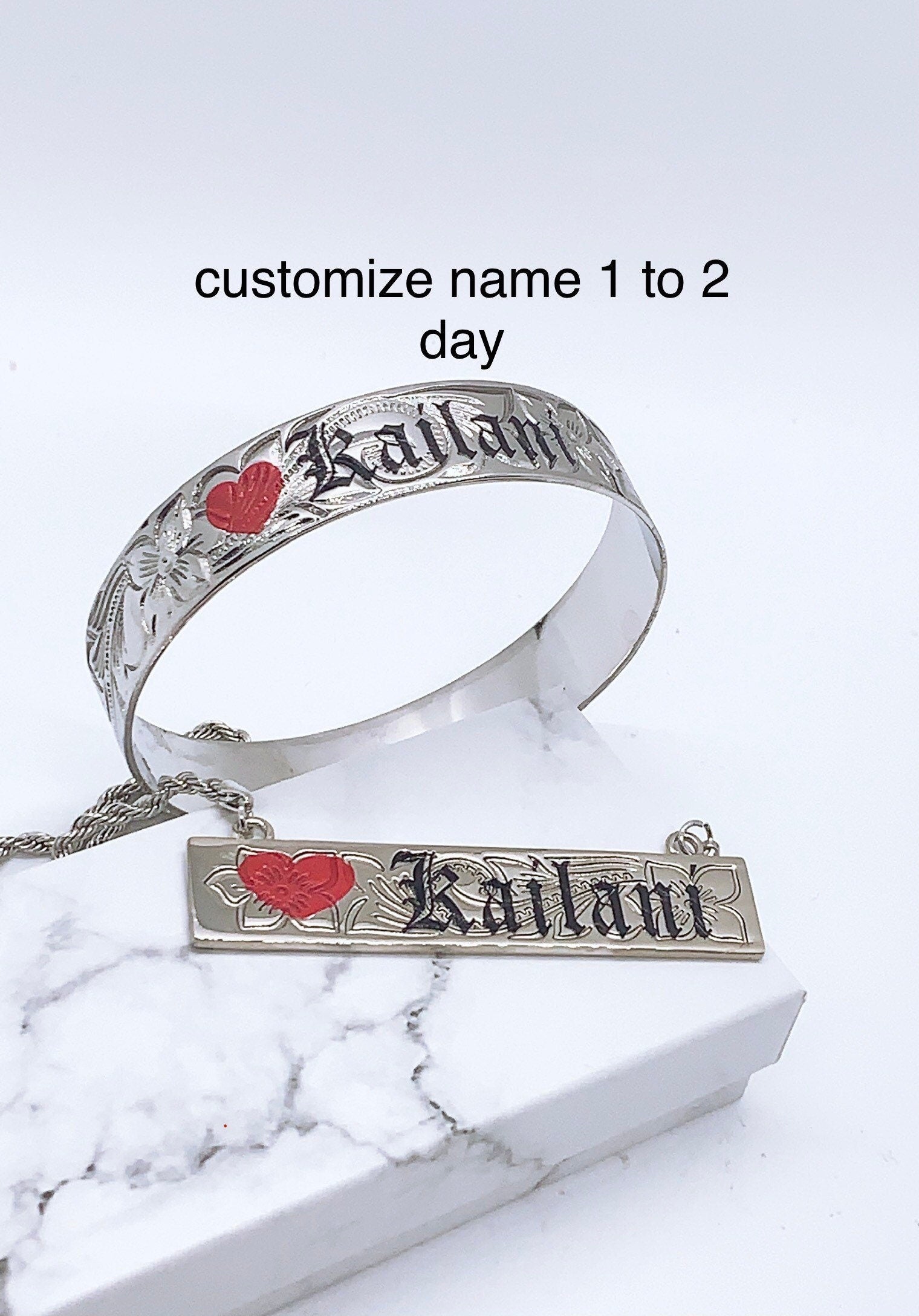 Customize Name 15MM Hawaiian Hamilton Gold Bangle and Necklace Set (18in Rope Chain with 3in deals Extension)