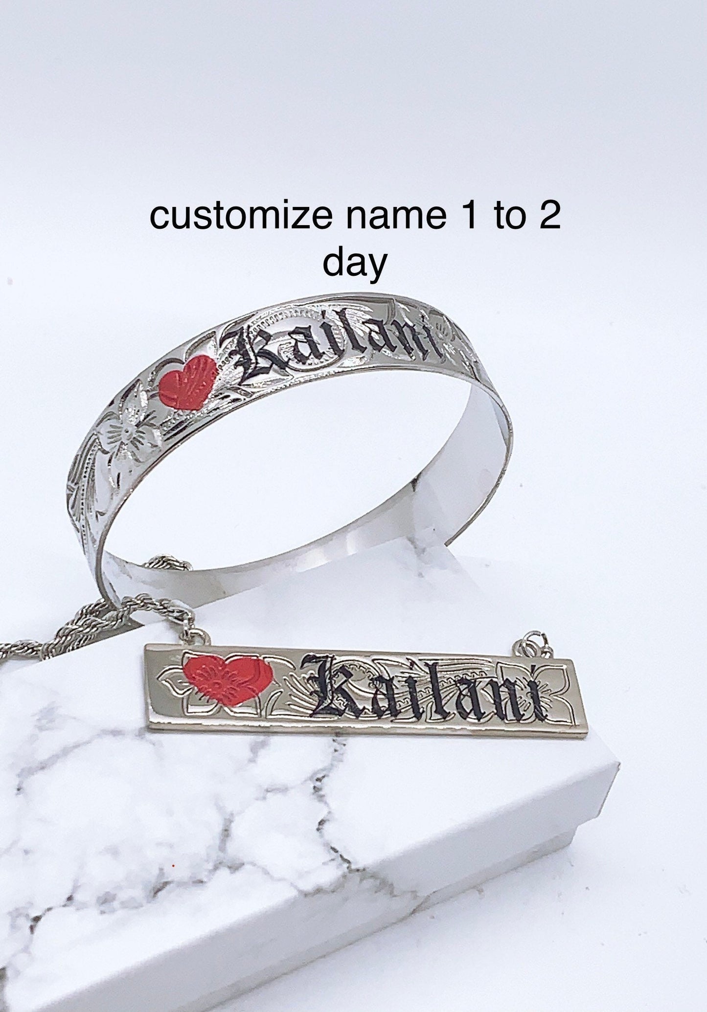 Customize Name 15MM Hawaiian Hamilton Silver Color Bangle and Necklace Set (rope chain 18in with 3 in Extension)