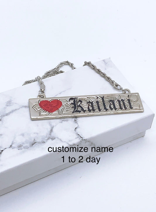 15mm Hawaiian Jewelry Flower Background Personalized Customize Name Plate Necklace : Hamilton Silver color