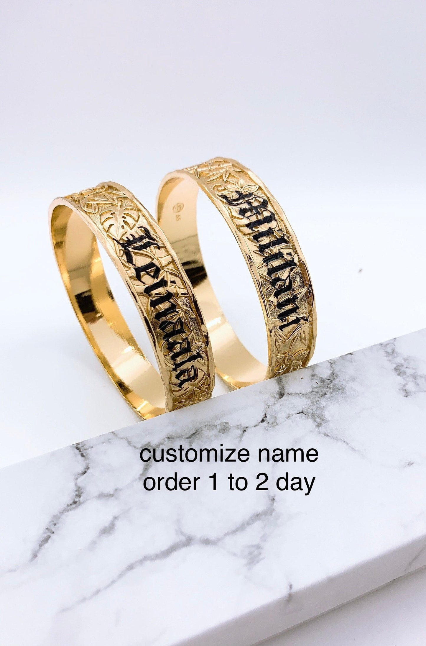 Customize Name 15MM 3D Hawaiian Bamboo Plumeria Hamilton Gold Bangle price per bangle