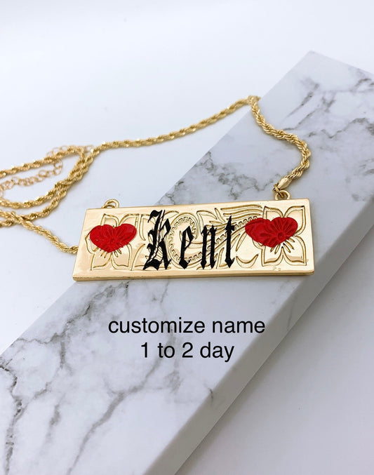 25mm Hawaiian Jewelry Flower Background Personalized Customize Name Plate Necklace Hamilton Gold Shell Pearl 18in Rope Chain w/3in Extension