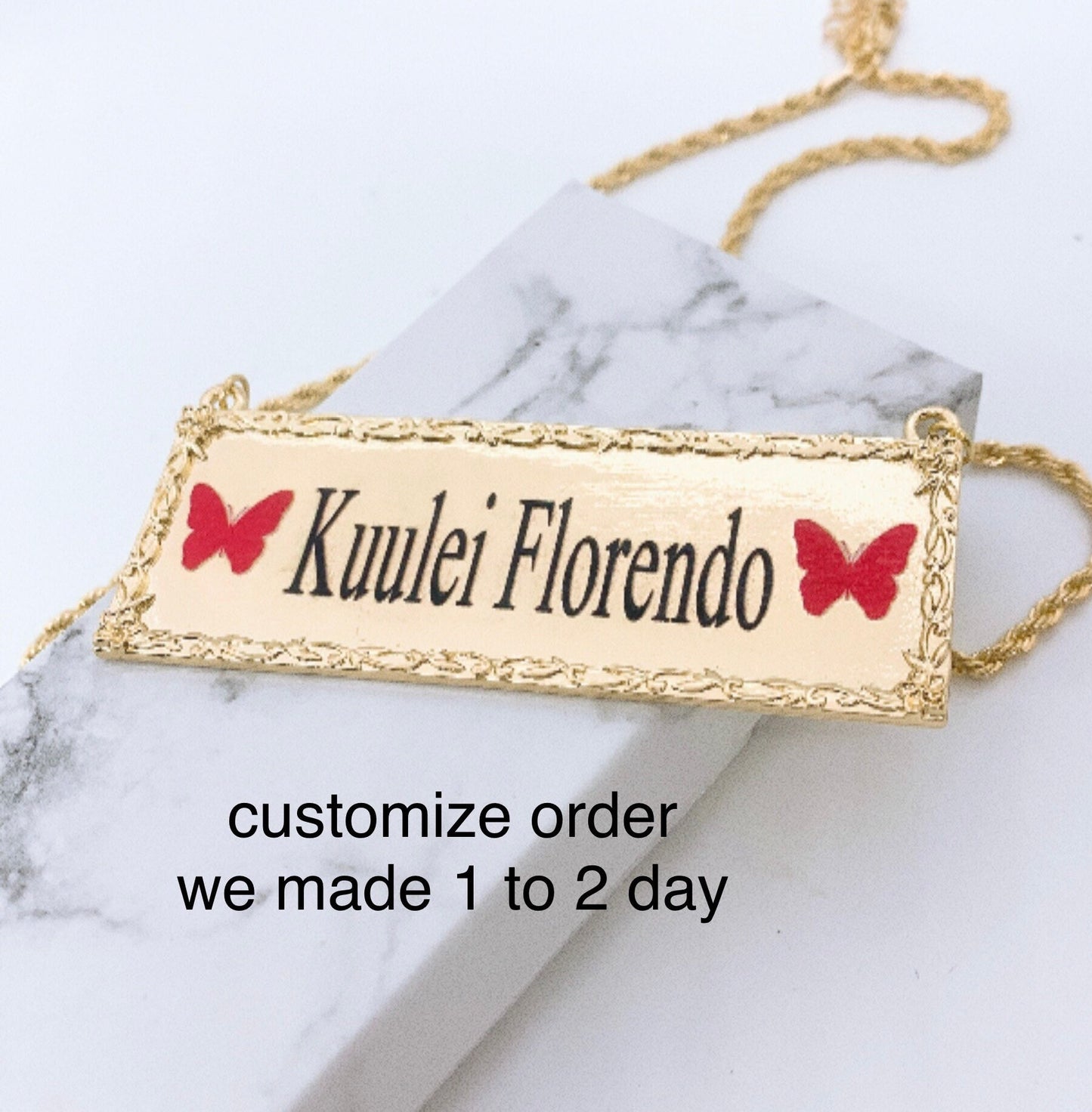 Hawaiian Jewelry 30 mmFlower Background Personalized Customize Name Plate Necklace Hamilton Gold  18in Rope Chain w/3in Extension