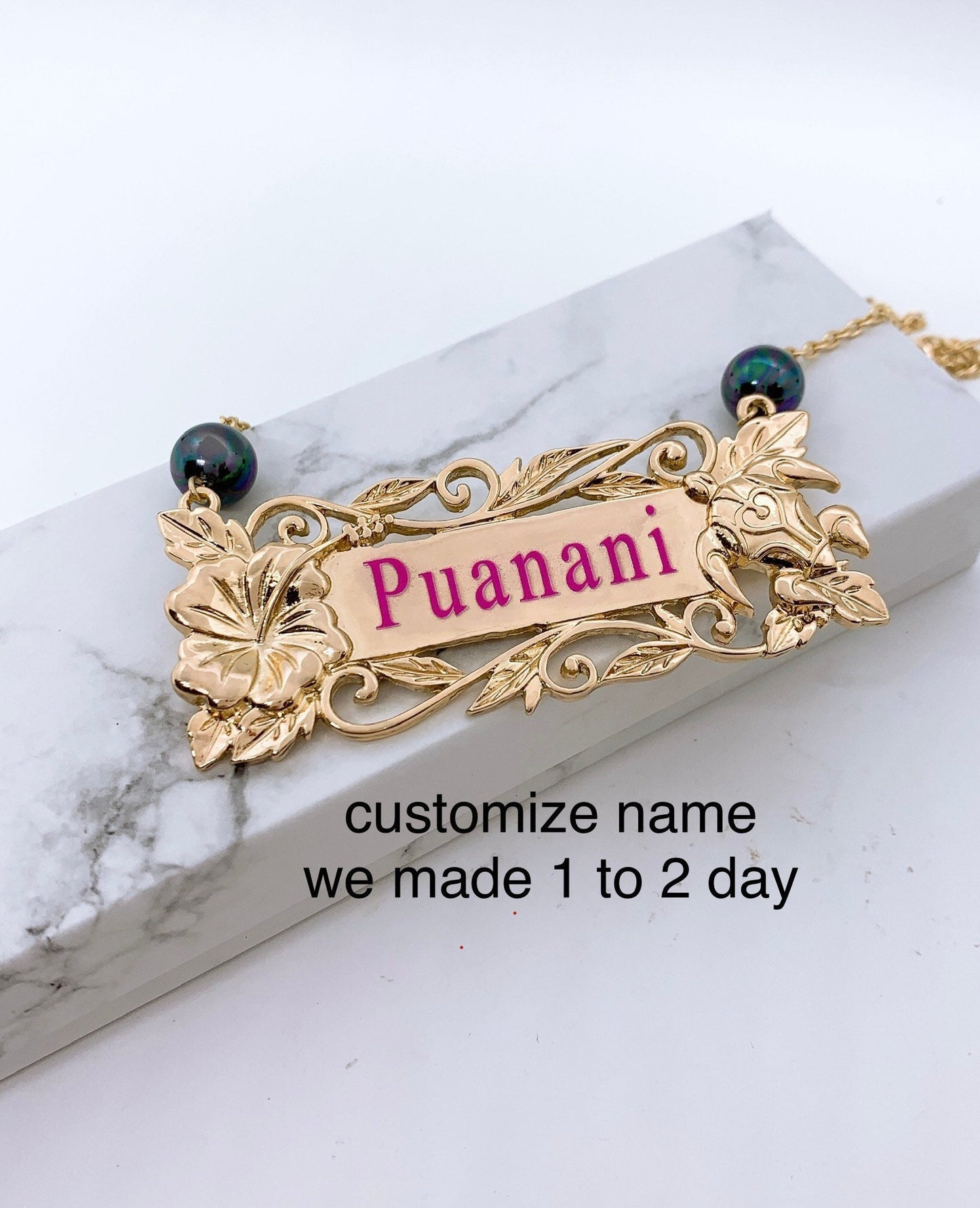 Magenta Color Letter Hibiscus and Honu (Sea Turtle) Customize Name Plate Necklace Hamilton Gold with Shell Pearl 18inChain w/3inExt