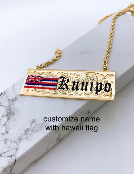 25mm Hawaiian Jewelry Flower Background Personalized Customize Name Plate Necklace Hamilton Gold 18in Rope Chain w/3in Extension