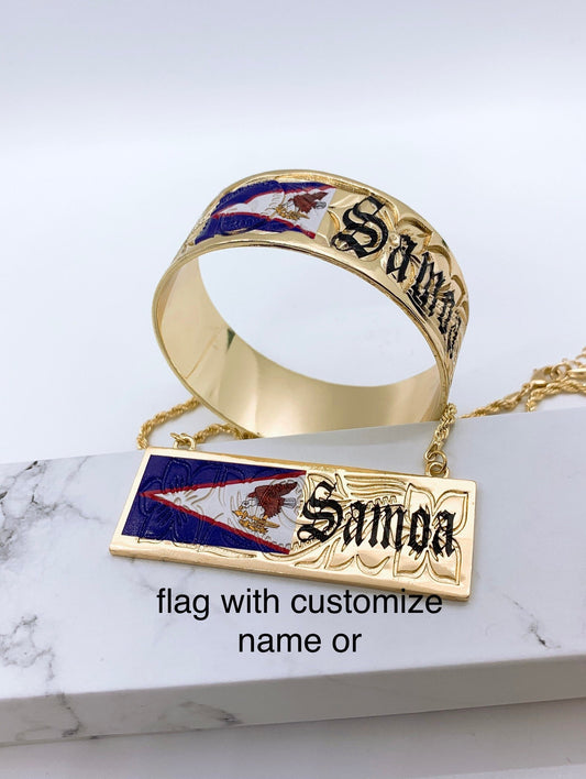 Customize Name American Samoa Flag 25mm Hawaiian Hamilton Gold Bangle and Necklace Set (18in Rope Chain with 3in Extension)