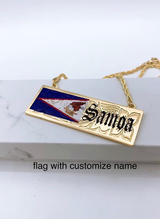 25mm American Samoa Flag with Flower Background Personalized Customize Name Plate Necklace Hamilton Gold 18in Rope Chain w/3in Extension