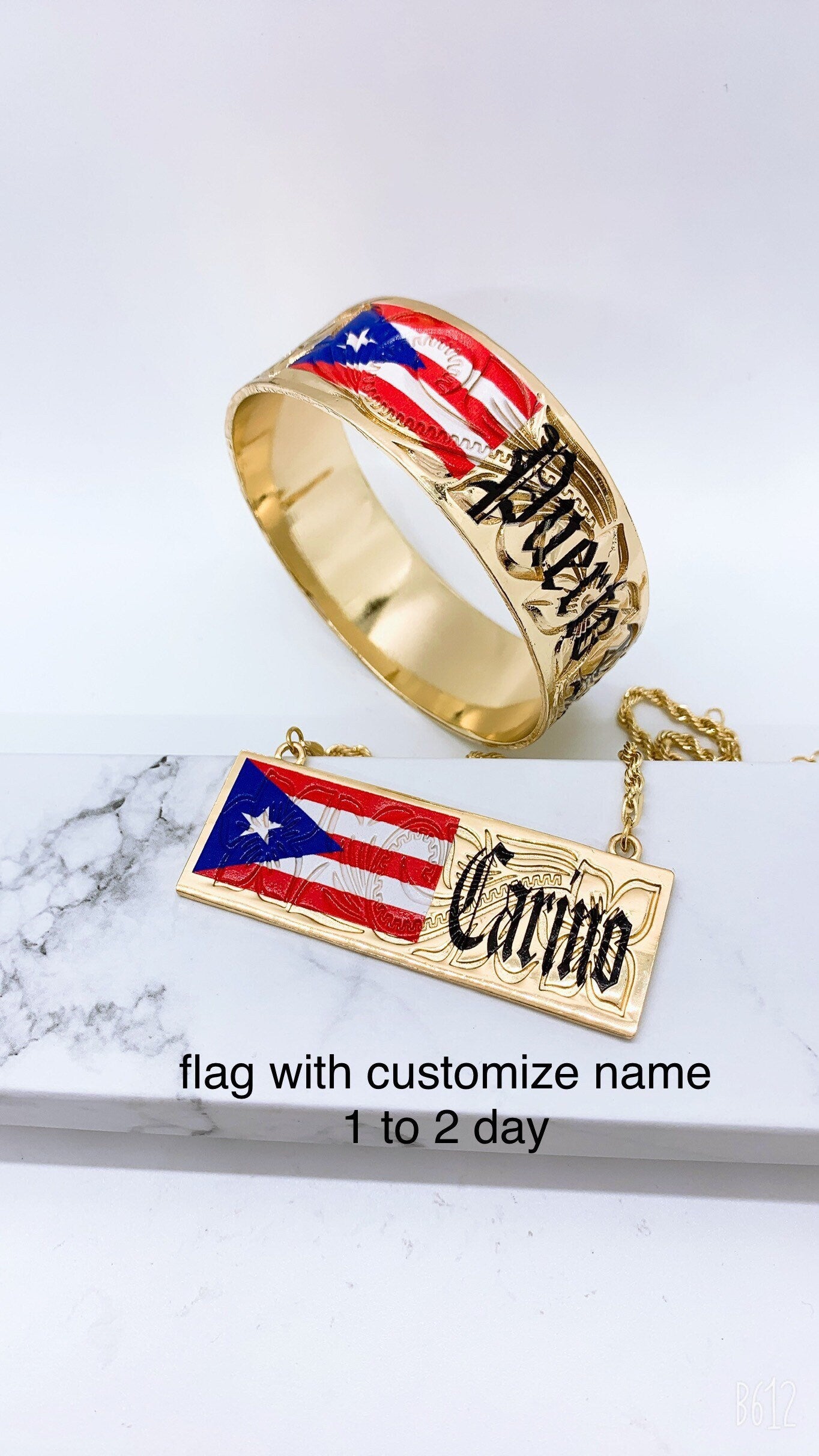 Customize Name Puerto Rico Flag 25mm Hawaiian Hamilton Gold Bangle and Necklace Set (18in Rope Chain with 3in Extension)