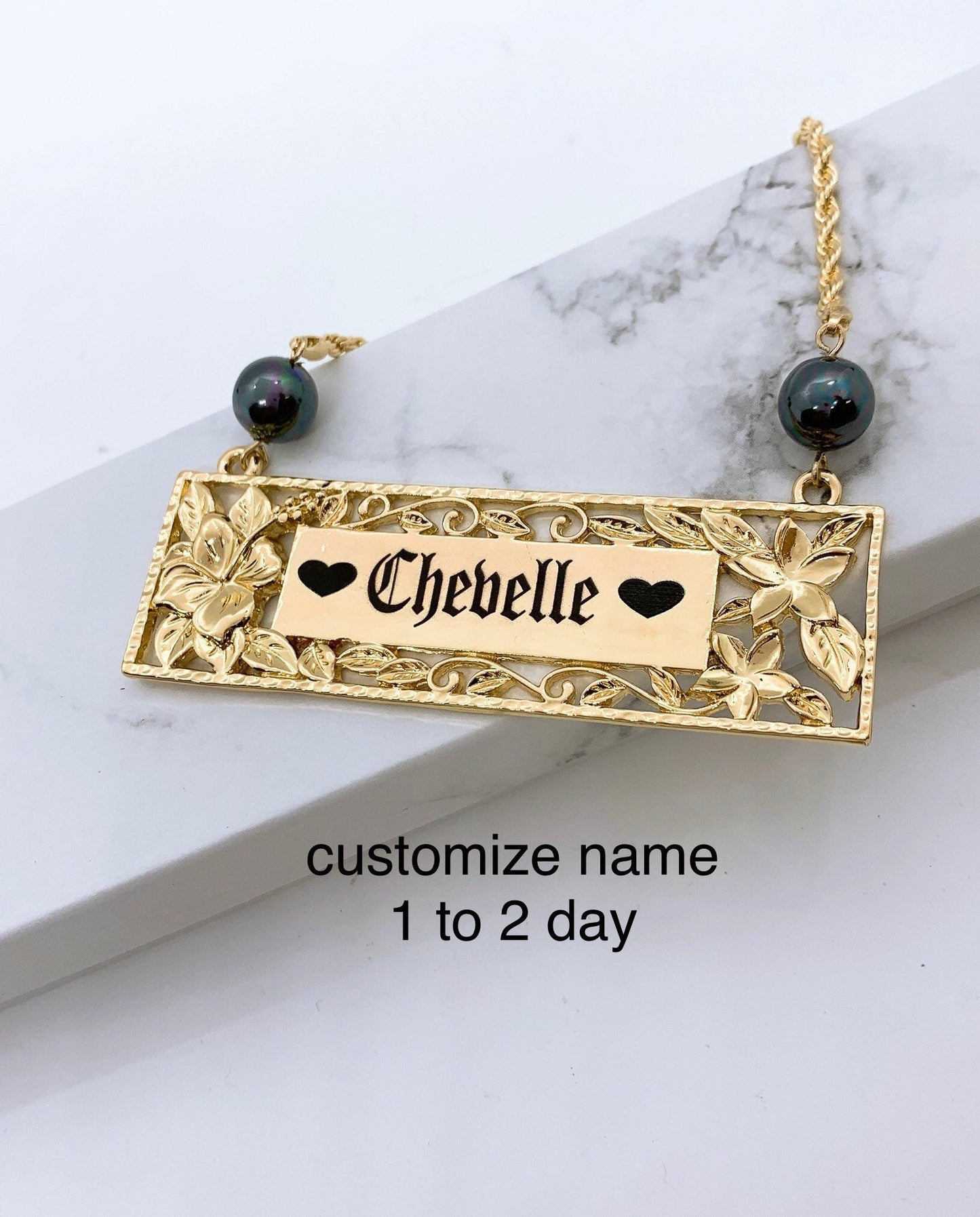 Hawaiian Jewelry Hibiscus and Plumeria Personalized Customize Name Plate Necklace Hamilton Gold Shell Pearl 18in Rope Chain w/3in Extension