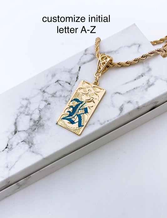 15mm Hawaiian Jewelry Background Personalized Customize A-Z Blue Letter Initial Plate Necklace with Rope Chain: Hamilton Gold