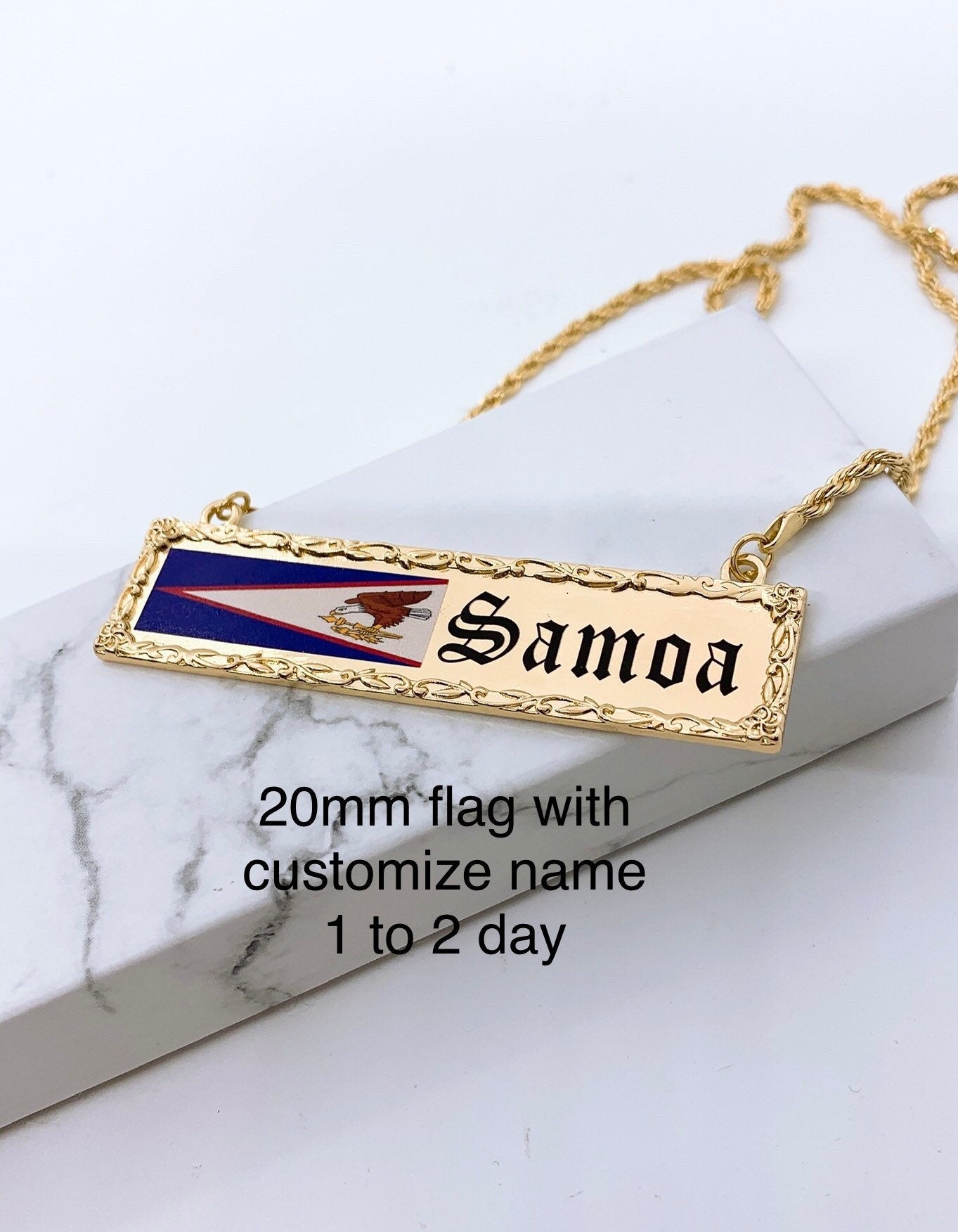 20mm American Samoa Flag with Flower Background Personalized Customize Name Plate Necklace Hamilton Gold 18in Rope Chain w/3in Extension