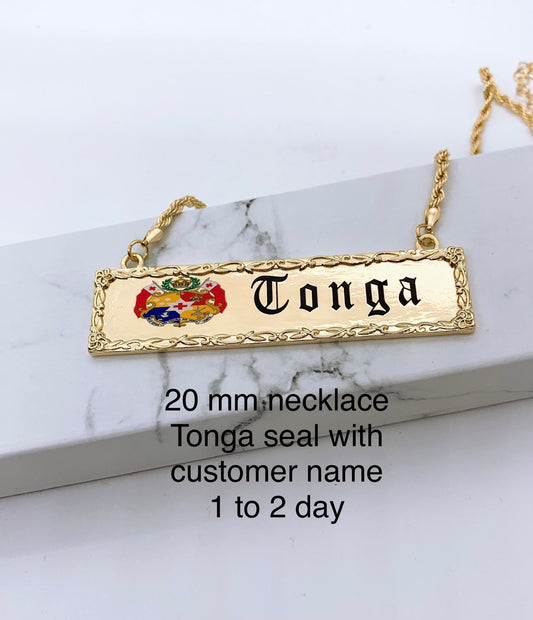 Hawaiian Jewelry 20mm Flower Border Tonga Seal Personalized Customize Name Plate Necklace Hamilton Gold 18in Rope Chain w/3in Extension