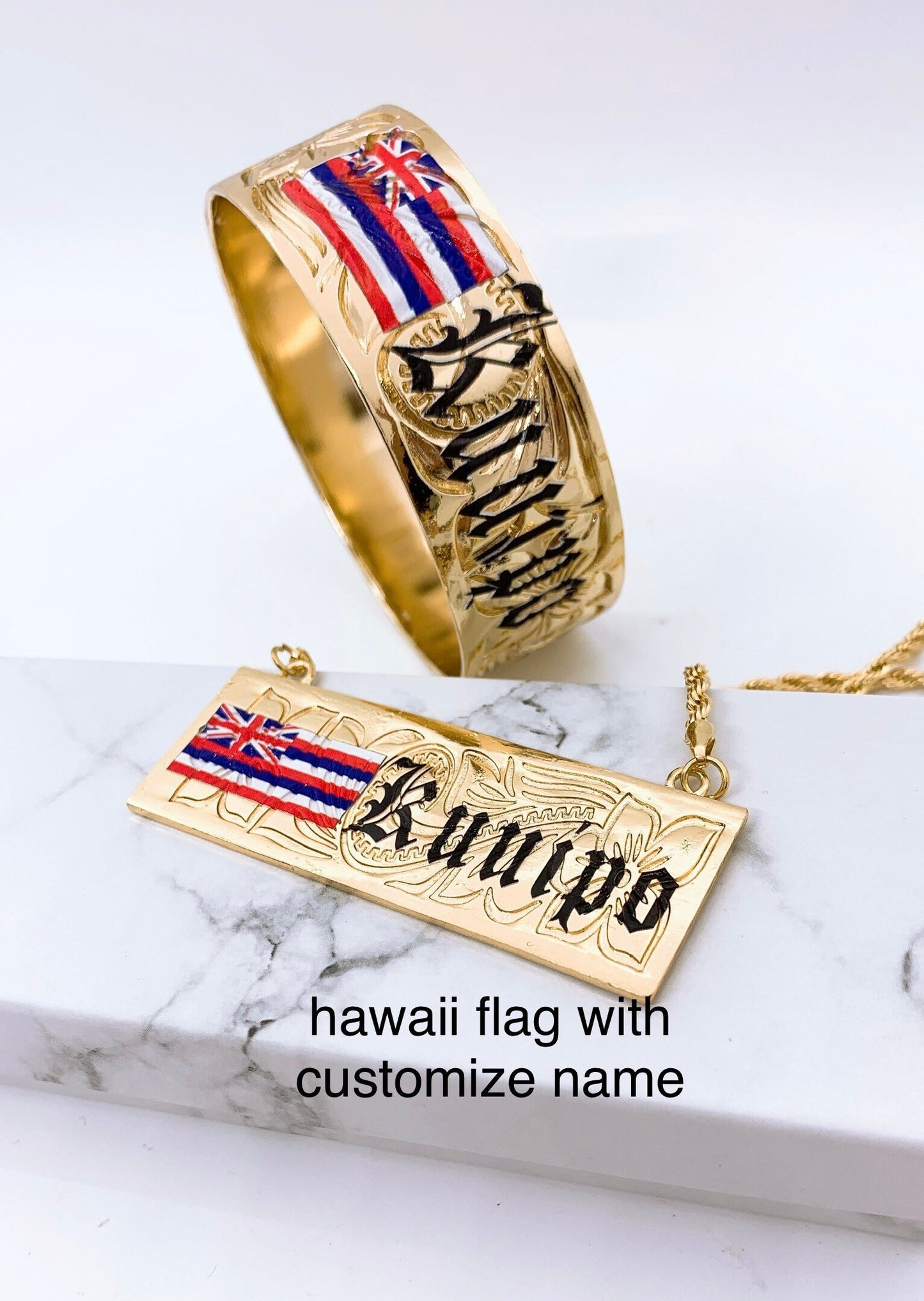 Customize Name Hawaiian Flag 25mm Hawaiian Hamilton Gold Bangle and Necklace Set (18in Rope Chain with 3in Extension)