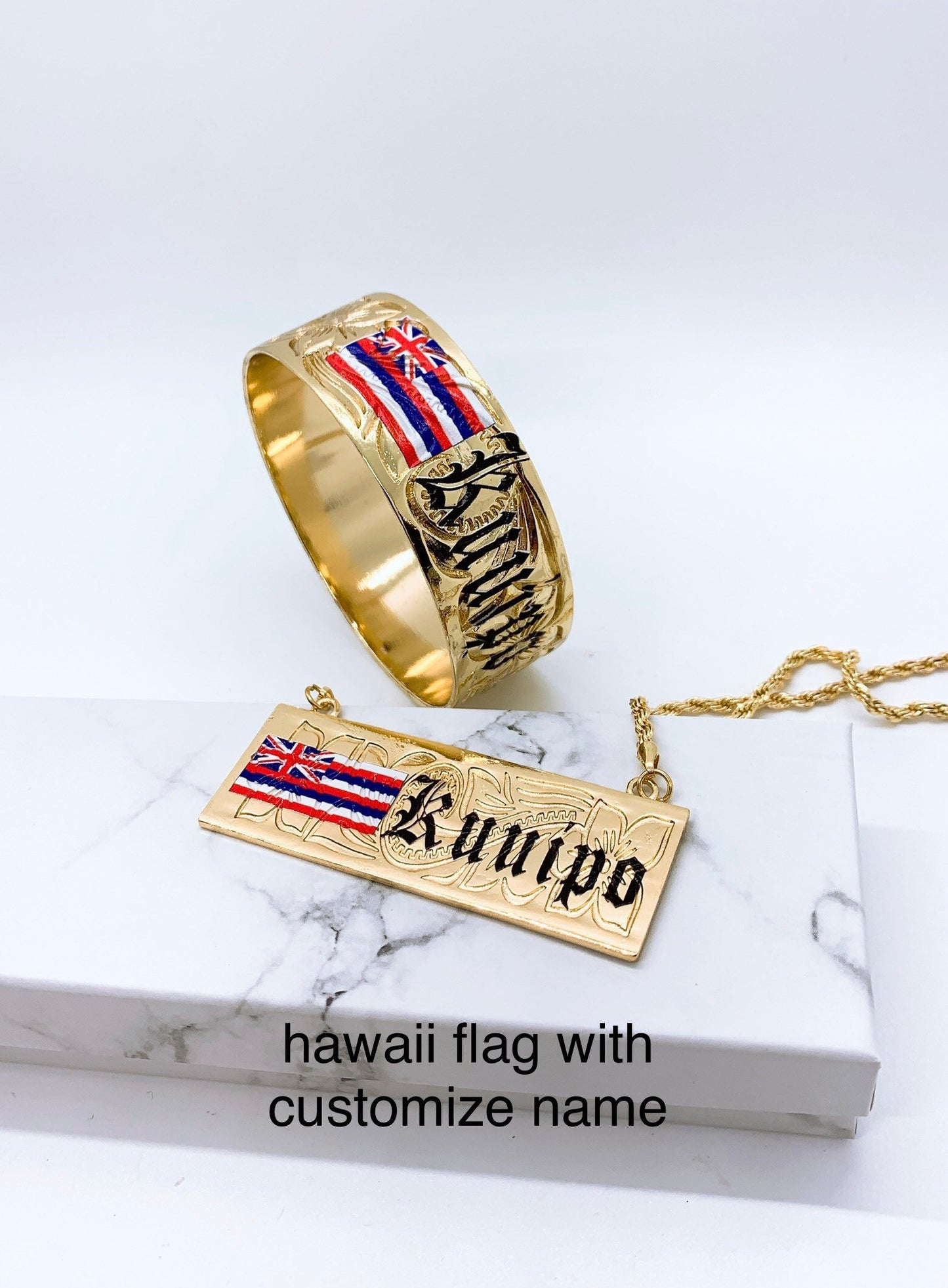 Customize Name Hawaiian Flag 25mm Hawaiian Hamilton Gold Bangle and Necklace Set (18in Rope Chain with 3in Extension)