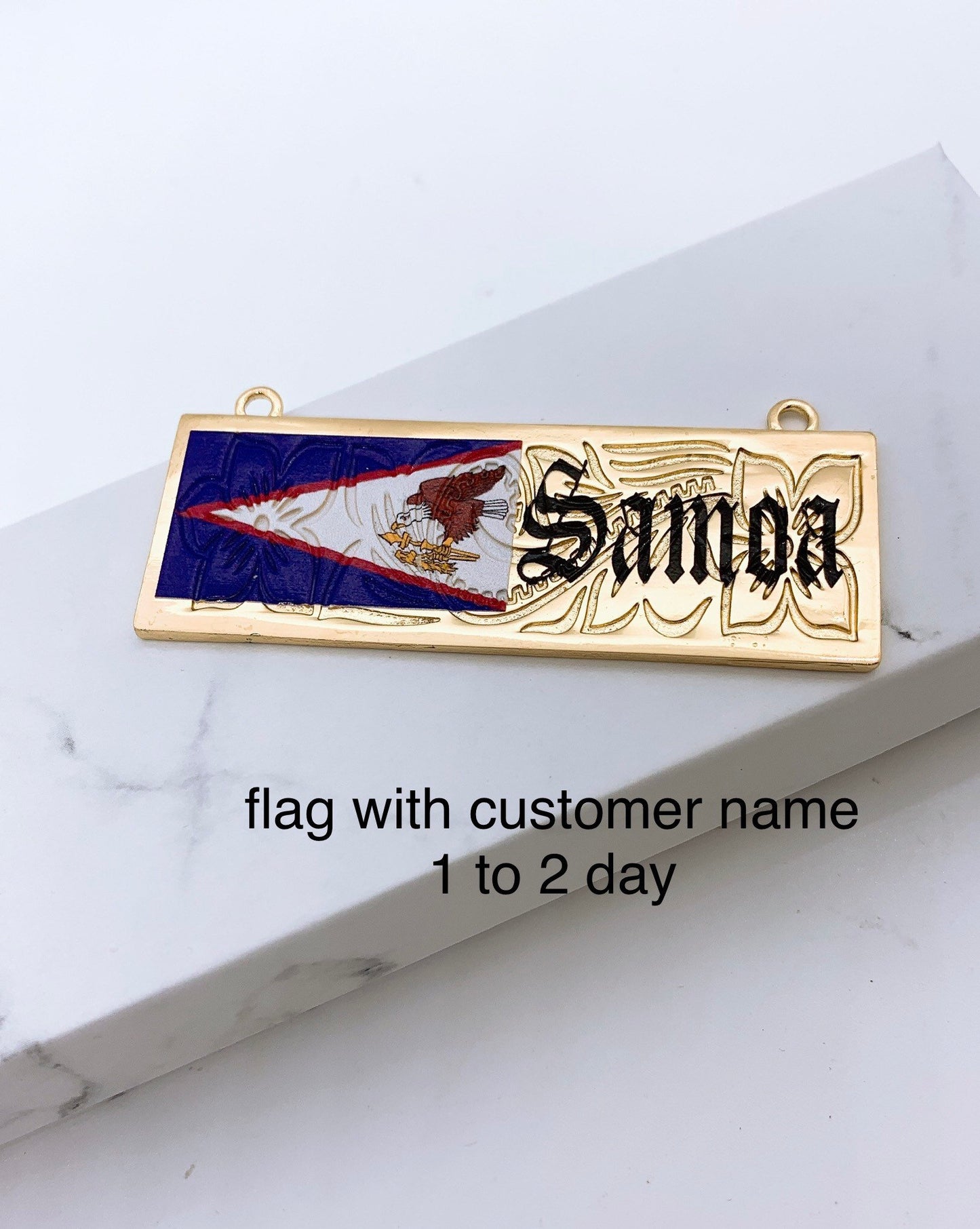 25mm American Samoa Flag with Flower Background Personalized Customize Name Plate Necklace Hamilton Gold 18in Rope Chain w/3in Extension