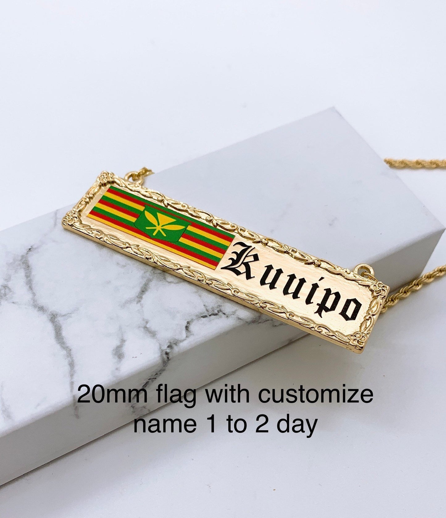 Hawaiian Jewelry 20mm Flower Border Personalized Customize Name Plate Necklace Hamilton Gold 18in Rope Chain w/3in Extension